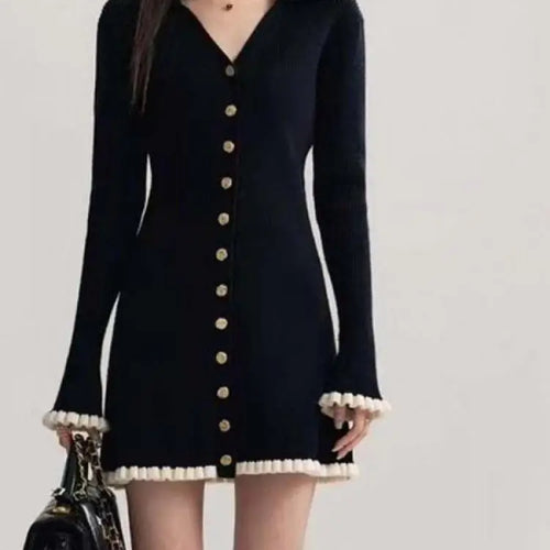 Load image into Gallery viewer, Spring Vintage Black Patchwork Elegant Office Knitted Short Dress Women's V-neck Slim Long Sleeve Single Breasted Mini Dress New
