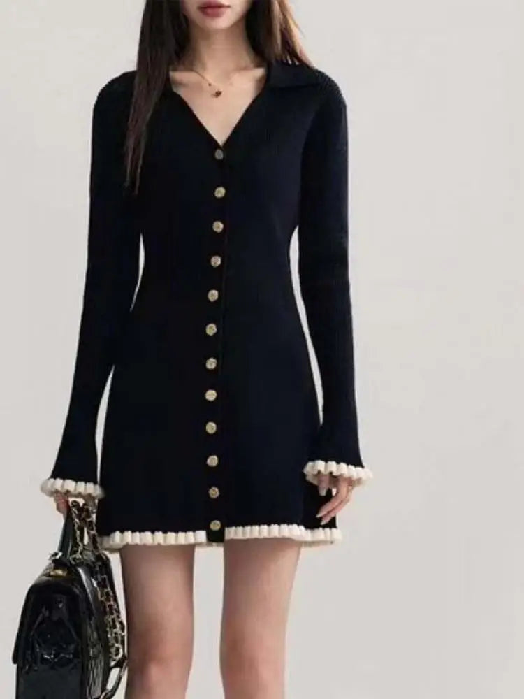 Spring Vintage Black Patchwork Elegant Office Knitted Short Dress Women's V-neck Slim Long Sleeve Single Breasted Mini Dress New