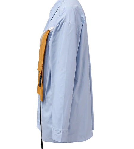 Women Blue Color-block Pocket Buckle Big Size Blouse New Lapel Long Sleeve Shirt Fashion Tide Spring Autumn 2025 CPG2138