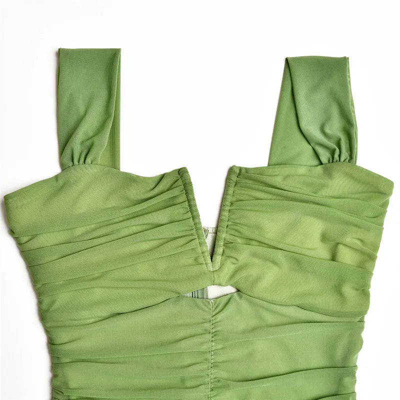 Hollow Out Backless Ruched Maxi Dress For Women Robe Elegant Spaghetti Strap Sleeveless Bodycon Party Long Dress