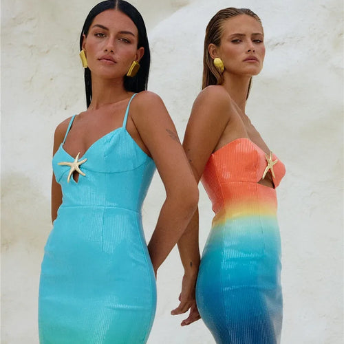 Load image into Gallery viewer, Sequins Spaghetti Strap Gradient Sexy Maxi Dress For Women Fashion Sleeveless Backless Split Sparkle Club Party Dress
