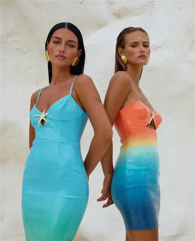 Sequins Spaghetti Strap Gradient Sexy Maxi Dress For Women Fashion Sleeveless Backless Split Sparkle Club Party Dress