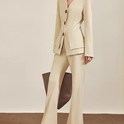 Load image into Gallery viewer, Slimming Temperament Two Piece Sets for Women V Neck Long Sleeves Spliced Button Blazer High Waist Pant Set Female
