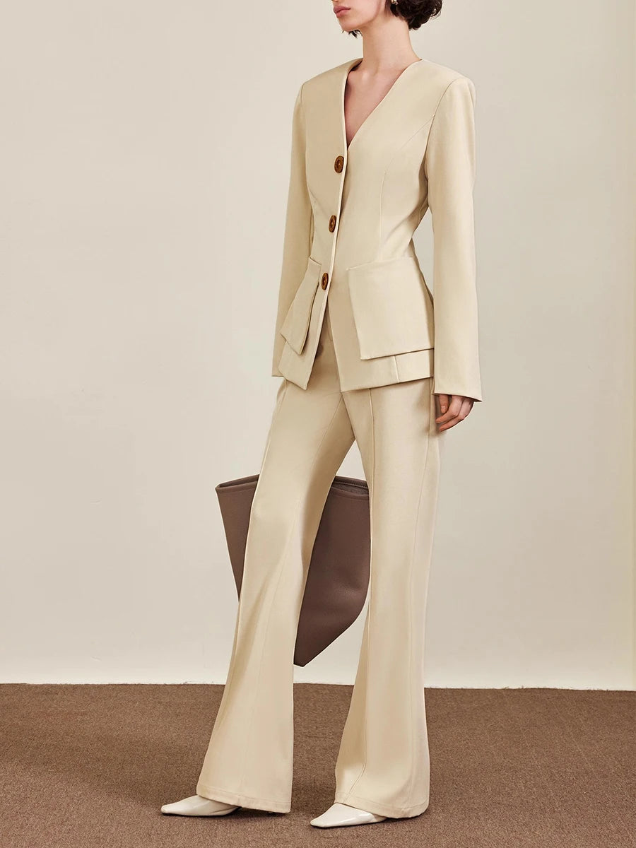 Slimming Temperament Two Piece Sets for Women V Neck Long Sleeves Spliced Button Blazer High Waist Pant Set Female