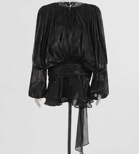 Solid Spliced Lace Up Mini Dresses For Women O Neck Long Sleeve High Waist Designer Dress Female Fashion Style New