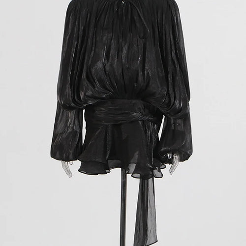 Load image into Gallery viewer, Solid Spliced Lace Up Mini Dresses For Women O Neck Long Sleeve High Waist Designer Dress Female Fashion Style New
