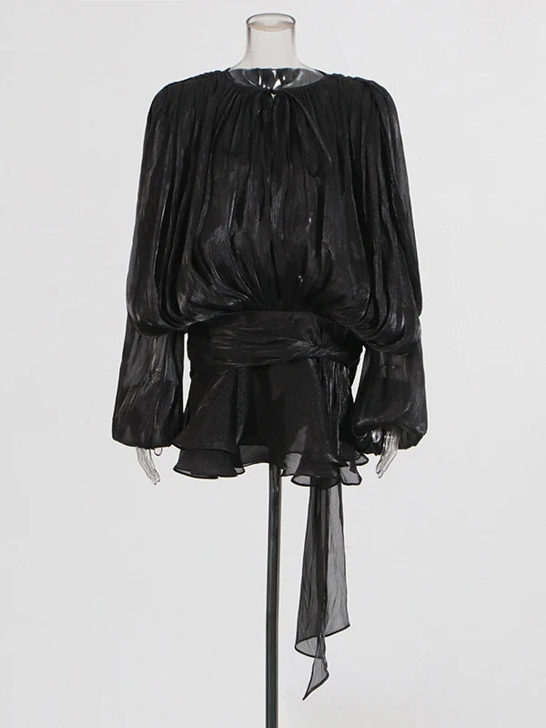 Solid Spliced Lace Up Mini Dresses For Women O Neck Long Sleeve High Waist Designer Dress Female Fashion Style New