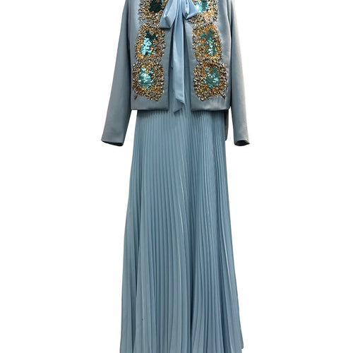 Load image into Gallery viewer, Hit Color Two Piece Set O Neck Long Sleeve Coat Lace Up Sleeveless High Waist Temperament Long Dress Sets Female
