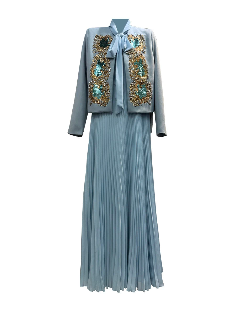 Hit Color Two Piece Set O Neck Long Sleeve Coat Lace Up Sleeveless High Waist Temperament Long Dress Sets Female