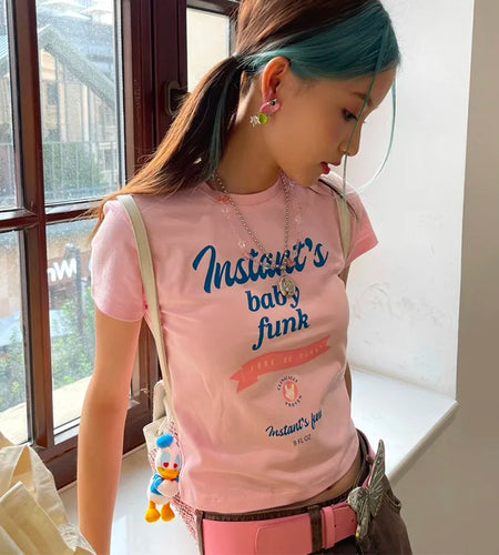 Y2k Aesthetics Pink T-shirt Korean Fashion Designer Clothes Kawaii Slim Crop Top Grunge Letter Print Short Sleeve Tshirt