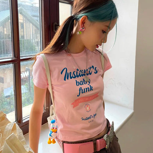 Load image into Gallery viewer, Y2k Aesthetics Pink T-shirt Korean Fashion Designer Clothes Kawaii Slim Crop Top Grunge Letter Print Short Sleeve Tshirt
