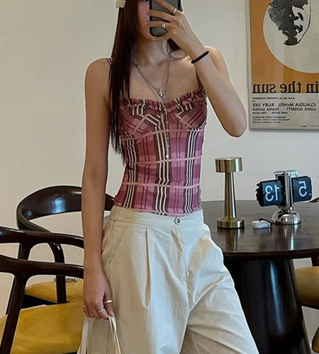 y2k Crop Top Women Fairycore Clothes Plaid Print Spaghetti Strap Sleeveless Camisole Vest 2000s Clothing Streetwear