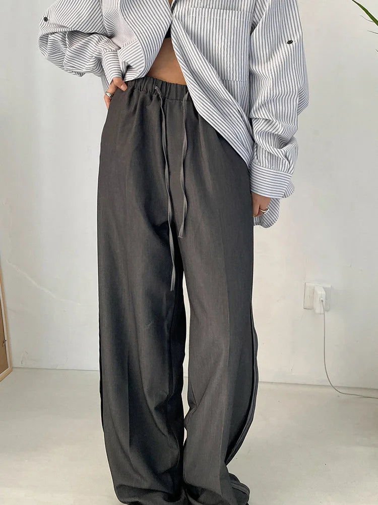 High Elastic Waist Gray Brief Long Wide Leg Pants New Loose Fit Trousers Women Fashion Tide Spring Autumn 2025 1DF1148