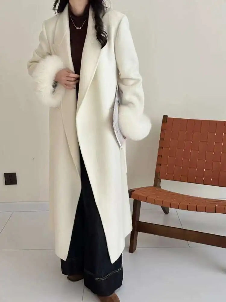 Dark Gray Cuff Fur Big Size Long Woolen Coat New Lapel Long Sleeve Women Jacket Fashion Tide Autumn Winter 2025 CPG2464