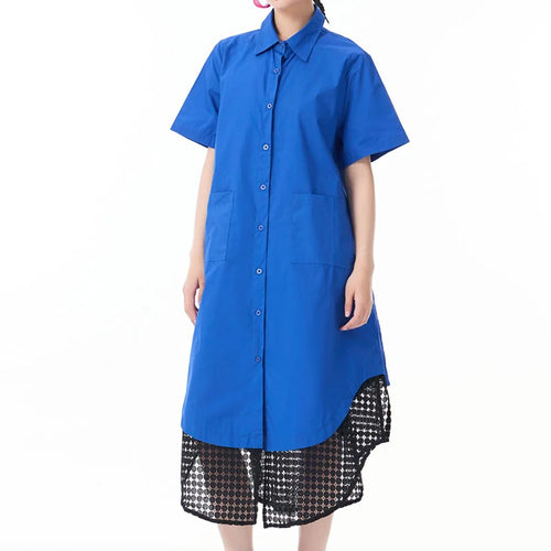 Load image into Gallery viewer, Women Blue Mesh Color-block Big Size Midi Shirt Dress New Lapel Short Sleeve Fashion Tide Spring Summer 2025 1DJ0932
