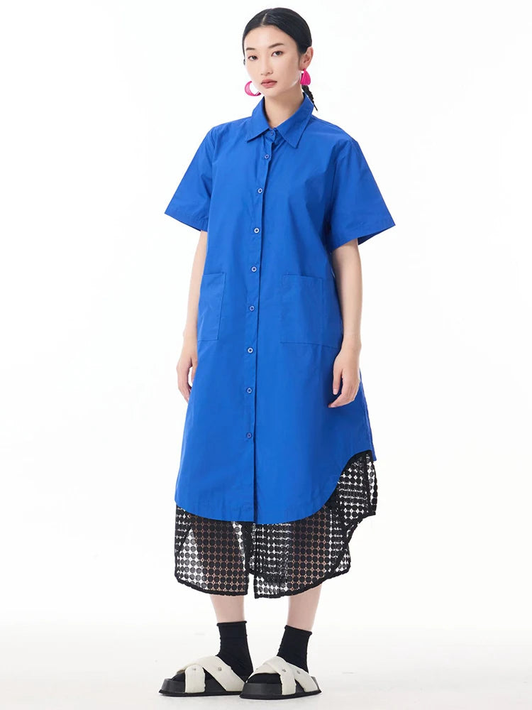 Women Blue Mesh Color-block Big Size Midi Shirt Dress New Lapel Short Sleeve Fashion Tide Spring Summer 2025 1DJ0932