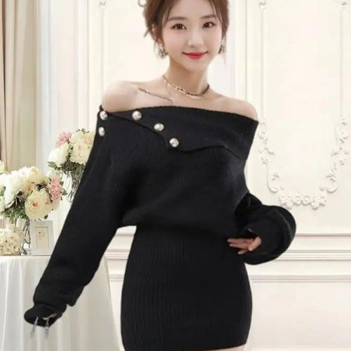 Load image into Gallery viewer, Autumn Winter Vintage Solid Elegant Off Shoulder Long Sleeve Mini Dress Women French High Waist Button Knitted Mini Dress Simple

