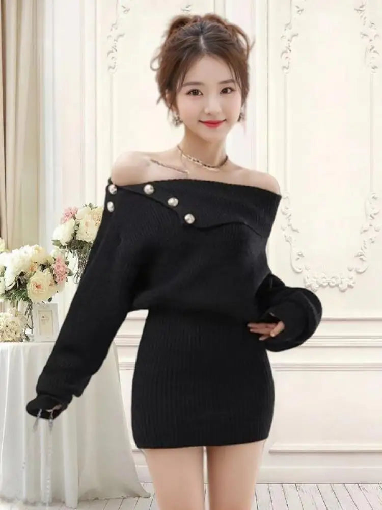 Autumn Winter Vintage Solid Elegant Off Shoulder Long Sleeve Mini Dress Women French High Waist Button Knitted Mini Dress Simple