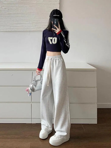 Women Black Velvet Elegant Drawstring Lace-up Baggy Cotton Long Pant Winter Grey High Waist Loose Wide Leg Oversize Trousers