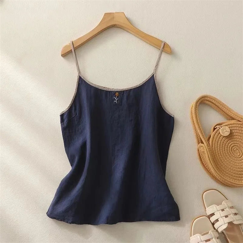 y2k Cami Tops Women Summer Clothes Floral Embroidery Spaghetti Strap Sleeveless Cotton Linen T Shirts 2000s Clothing