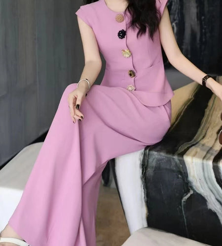 Slimming Two Piece Sets for Women Round Neck Sleeveless Spliced Buttons Top High Waist Wide Leg Pant Set Female New