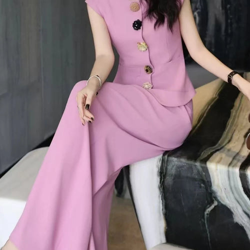 Load image into Gallery viewer, Slimming Two Piece Sets for Women Round Neck Sleeveless Spliced Buttons Top High Waist Wide Leg Pant Set Female New
