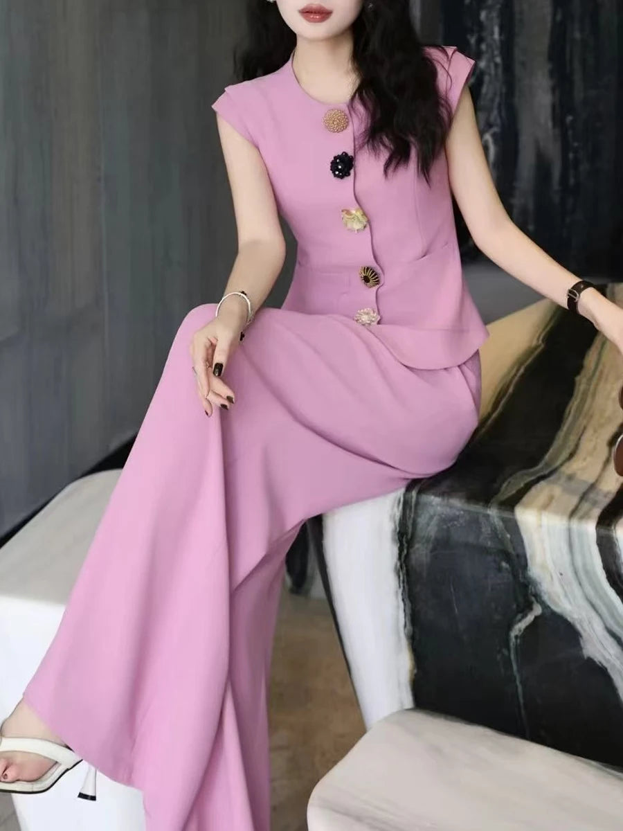Slimming Two Piece Sets for Women Round Neck Sleeveless Spliced Buttons Top High Waist Wide Leg Pant Set Female New