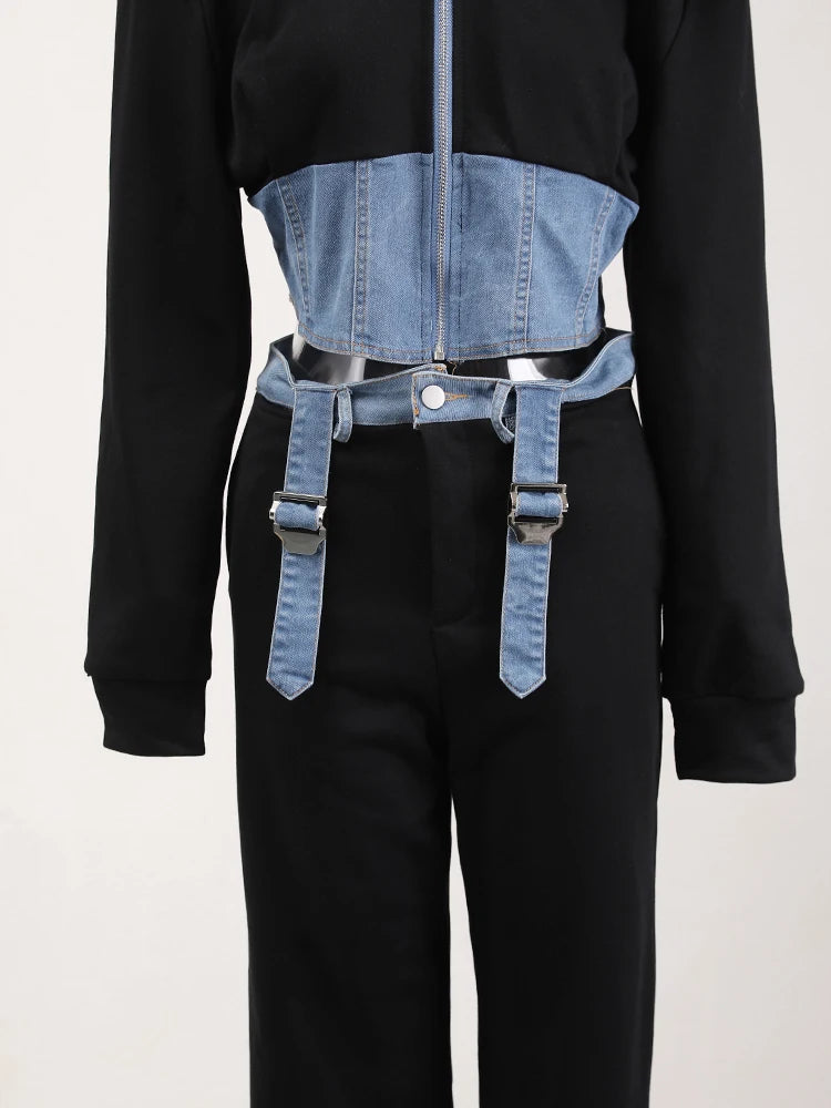 Black Denim Jacket Wide Leg Pants Two Piece Suit New Hooded Long Sleeve Women Fashion Tide Spring Autumn 2025 CPDB013