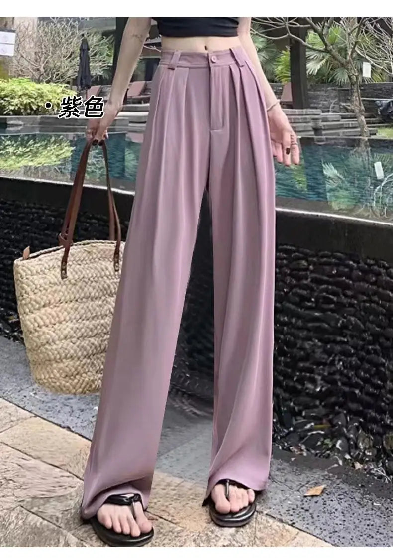 Fashion Solid Button Versatile Wide Leg Long Pant Women's Spring Summer High Waist Baggy straight Pleated Trousers Streetwear