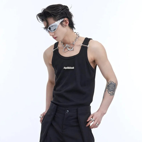 Load image into Gallery viewer, Niche Style Men&#39;s Tank Tops Letter Metal Shoulder Strap Slim Fit Round Collar Sleeveless Male Vest Chic Summer  9C6753
