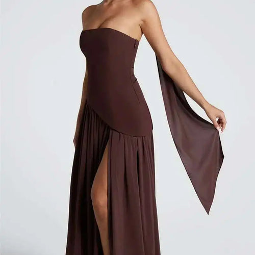 Load image into Gallery viewer, Strapless Off-shoulder Sexy Maxi Dress For Women Gown Patchwork Scarf Collar Thigh High Split Club Party Long Dress
