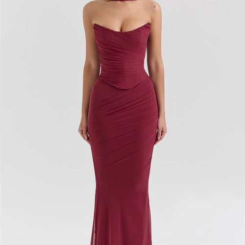 Load image into Gallery viewer, Wine Red Sexy Two Piece Sets Women Neckerchief Strapless Crop Tops And Maxi Skirt Sets Club Party Skirt Two Piece Sets
