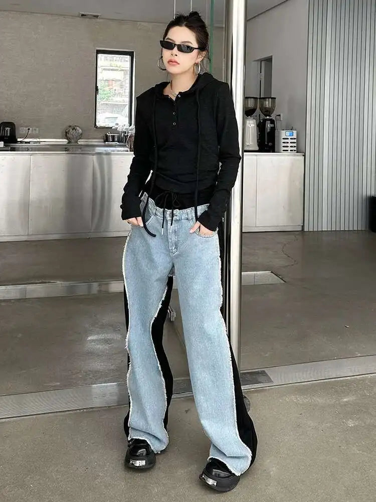 High Waist Leopard Print Denim Color-block Long Wide Leg Jeans New Women Trousers Fashion Tide Spring Autumn 2025 1DH8739