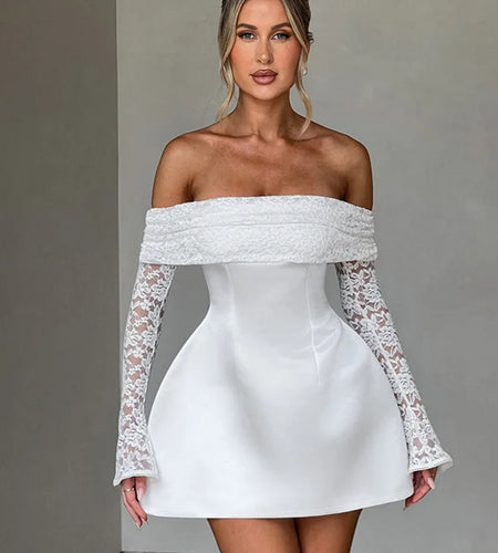 Sexy One Shoulder Lace Patchwork Long Sleeved Tight Skirt Women New Elegant Slim Party Club Evening Dress Spring New2025