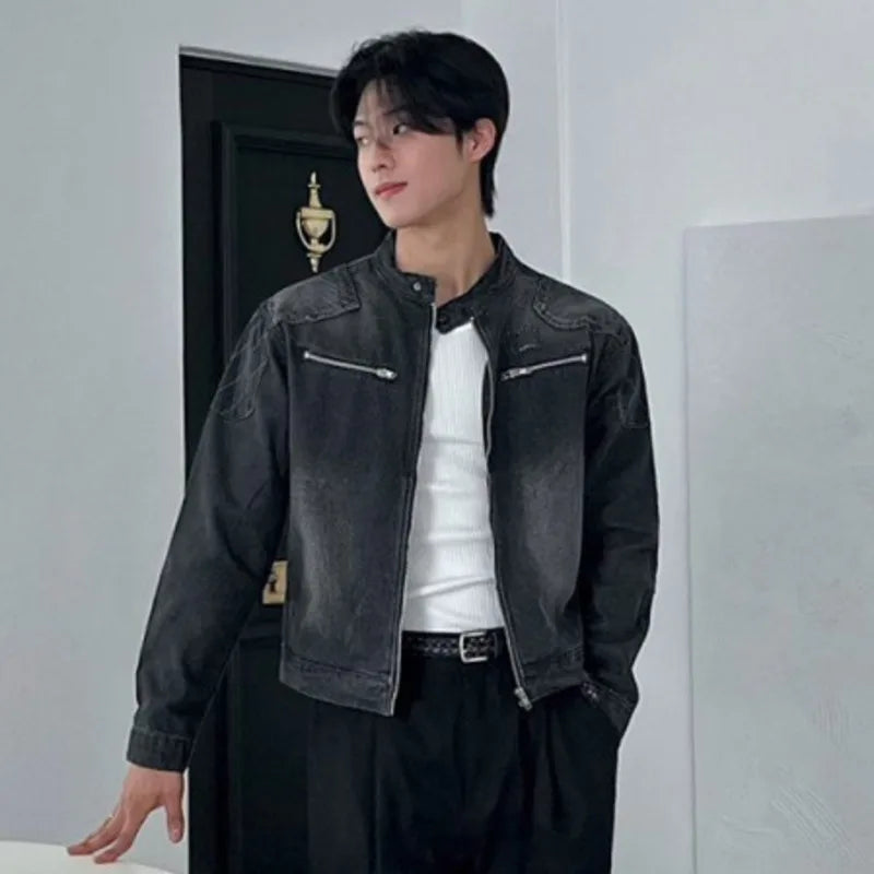 Men's Short Denim Jacket Male Loose Stand  Collar New Korean Multi Pockets Solid Color Trendy Spring Niche Top 9W1452