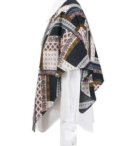 Women White Pattern Printed Irregular Big Size Blouse New Lapel Long Sleeve Shirt Fashion Tide Spring Autumn 2025 CPG1305