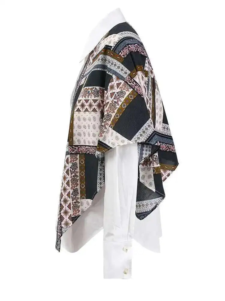 Women White Pattern Printed Irregular Big Size Blouse New Lapel Long Sleeve Shirt Fashion Tide Spring Autumn 2025 CPG1305