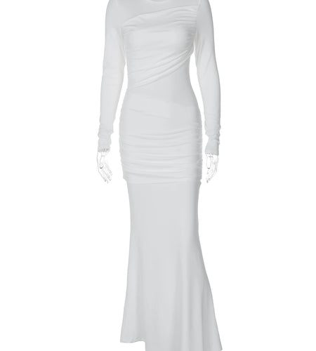 Elegant Solid O Neck Long Sleeve Ruched Sexy Bodycon Maxi Prom Dress Fall Winter Women Outfits Evening Party Festival