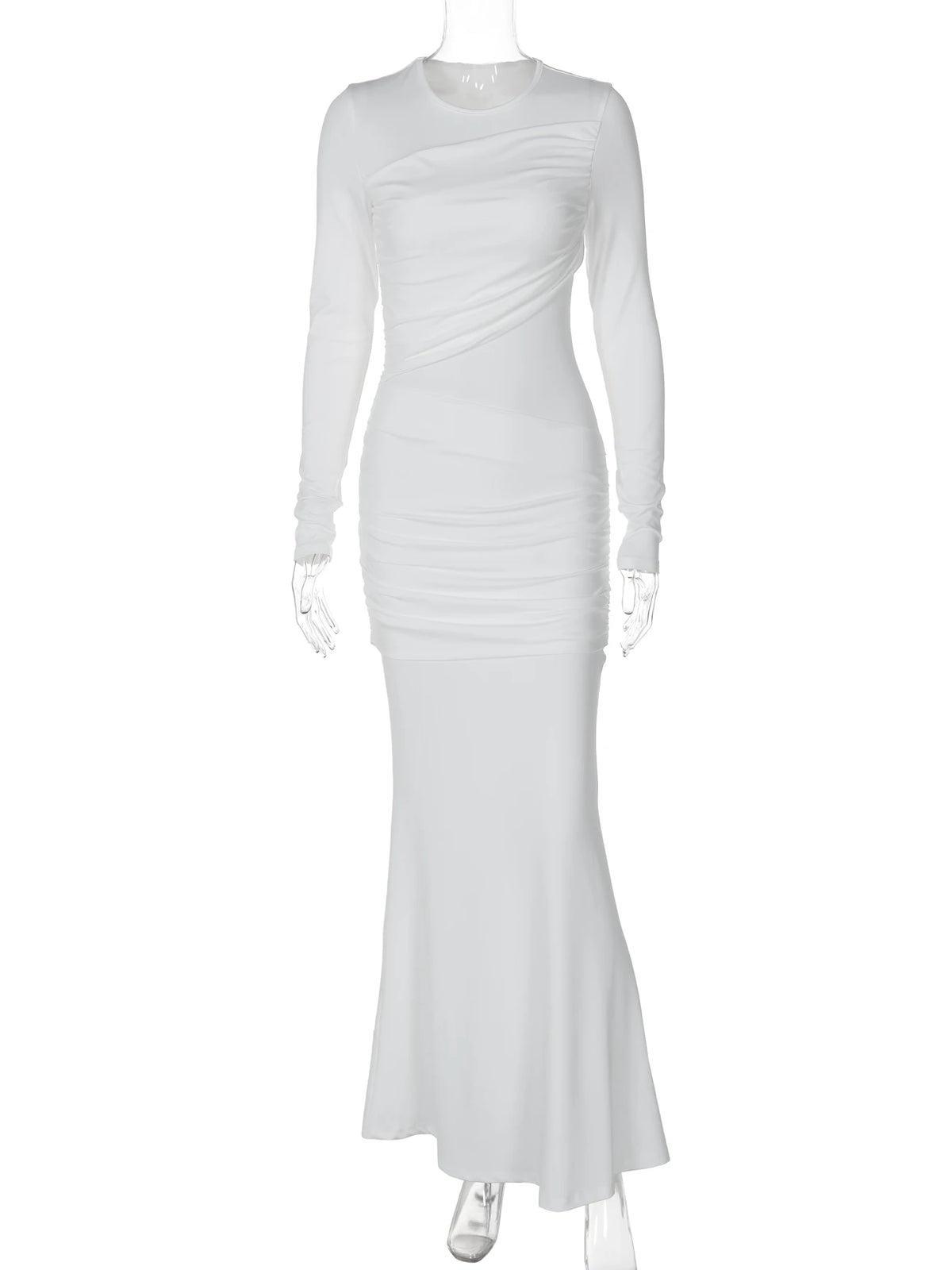 Elegant Solid O Neck Long Sleeve Ruched Sexy Bodycon Maxi Prom Dress Fall Winter Women Outfits Evening Party Festival