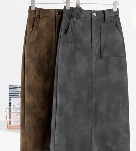 Retro 2024 Autumn Black Sexy Slim Women Split Pu Leather Skirts Fashion Brown Elegant High Waist Versatile Wrap Hip Midi Skirt