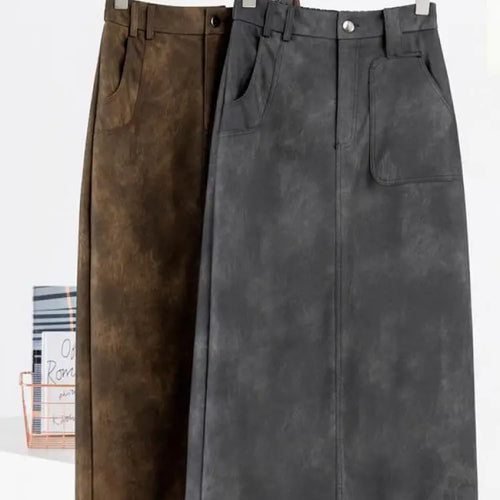 Load image into Gallery viewer, Retro 2024 Autumn Black Sexy Slim Women Split Pu Leather Skirts Fashion Brown Elegant High Waist Versatile Wrap Hip Midi Skirt
