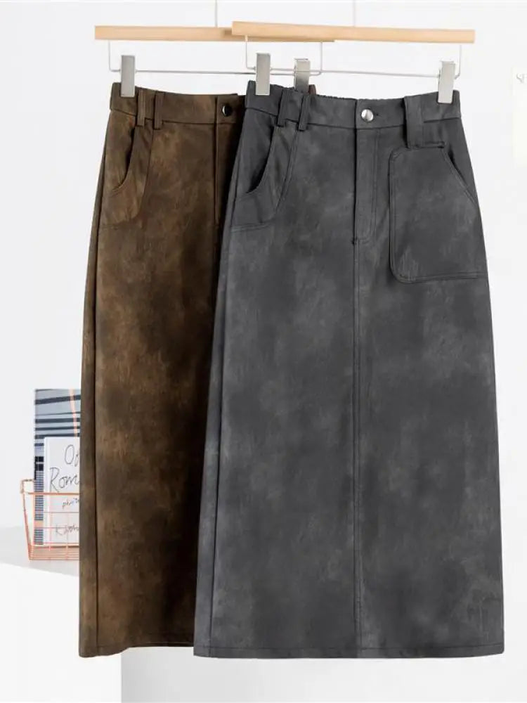 Retro 2024 Autumn Black Sexy Slim Women Split Pu Leather Skirts Fashion Brown Elegant High Waist Versatile Wrap Hip Midi Skirt