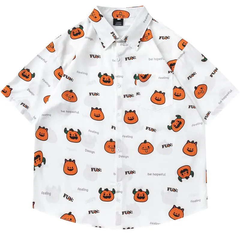 Hawaiian Shirts Funny Cartoon Pumpkin Graphic Printed Summer Beach Blouse Harajuku Hip Hop Casual Baggy Button Short Sleeve Tops