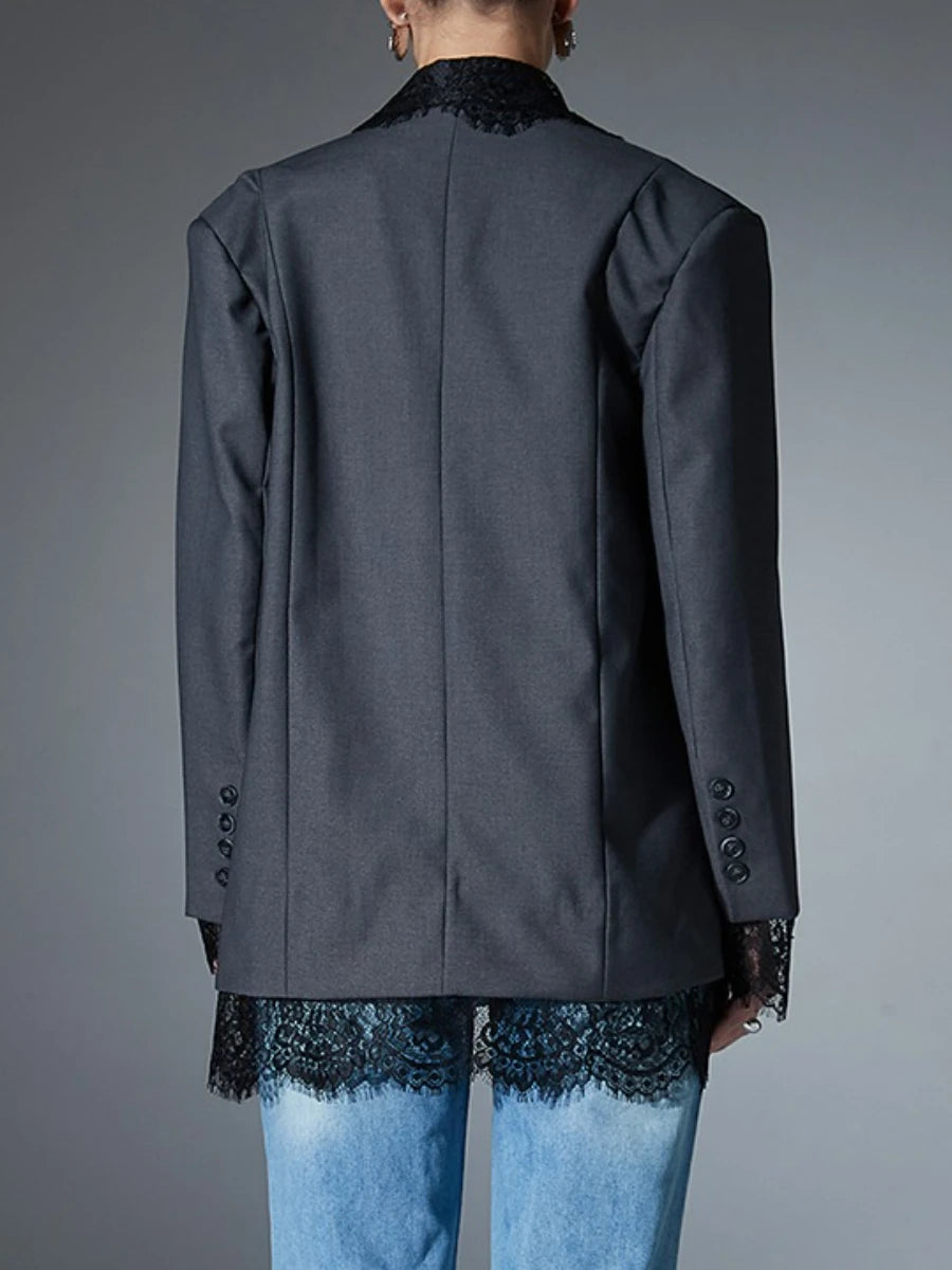 Loose Spliced Lace Fashion Blazers for Women Lapel Long Sleeves Patchwork Pockets Elegant Blazer Female Clothes New