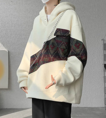 Korean Style Patchwork Men's Hoodie Contrast Color Pockets Casual Warm Male Fleece Sweatshirts  2024 Autumn Winter 9C8850