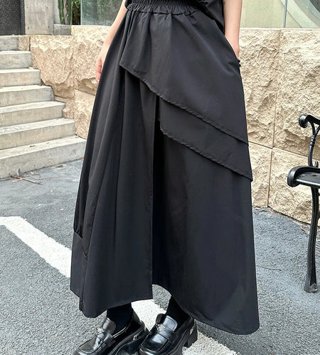 High Elastic Waist Black Irregular Ruffles Splice A-line Half-body Skirt Women Fashion Tide New Spring Autumn 2025 1DJ1375