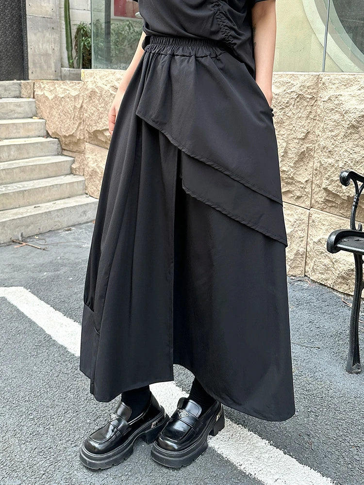 High Elastic Waist Black Irregular Ruffles Splice A-line Half-body Skirt Women Fashion Tide New Spring Autumn 2025 1DJ1375
