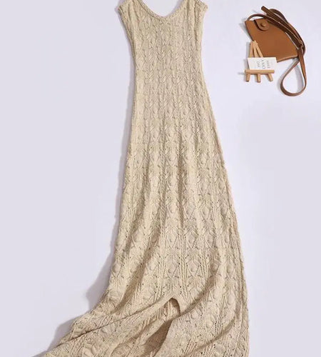 Summer French Beige Elegant Hollow Out Button Knitted Long Dress Women Fashion Temperament Sleeveless Backless Dress 2024 Simple