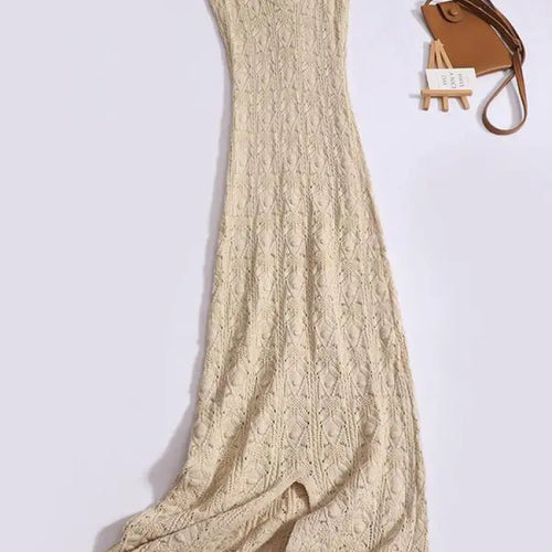 Load image into Gallery viewer, Summer French Beige Elegant Hollow Out Button Knitted Long Dress Women Fashion Temperament Sleeveless Backless Dress 2024 Simple
