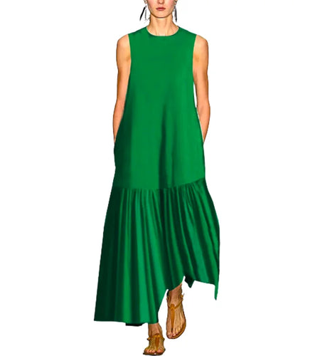 Stylish Party Evening A-Line Dress Summer Sleeveless Green Black Round-Neck Pleated Maxi Dresses For Women 2024 New